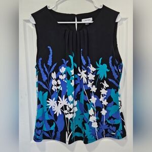Calvin Klein Women's Floral Sleeveless Blouse - Black and Blue XL